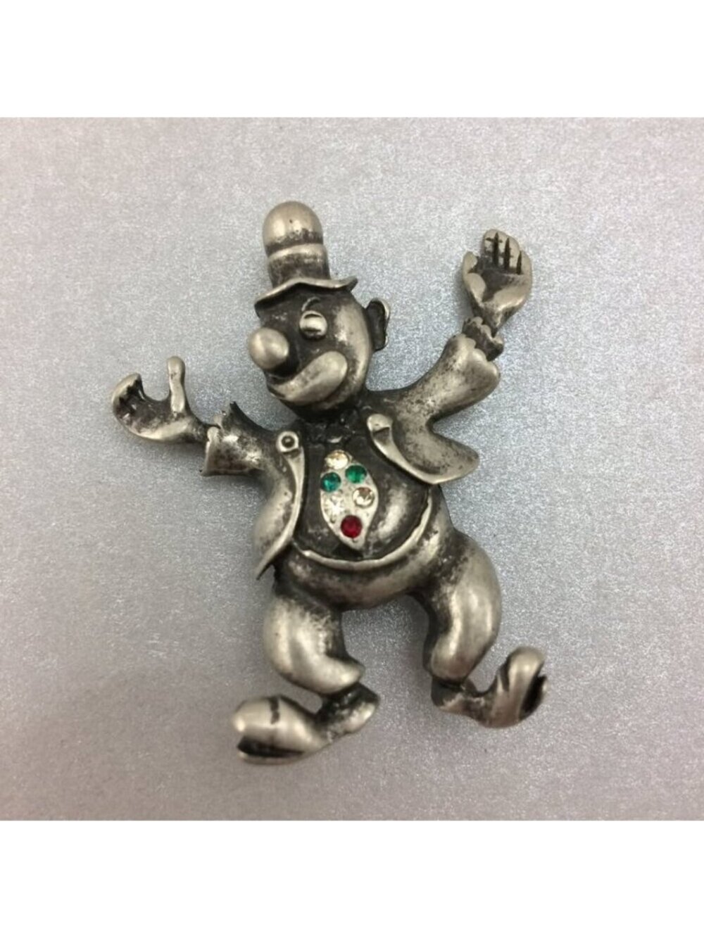 Vintage Clown Silvertone Pewter Metal Brooch Pin with Rhinestones Unisex